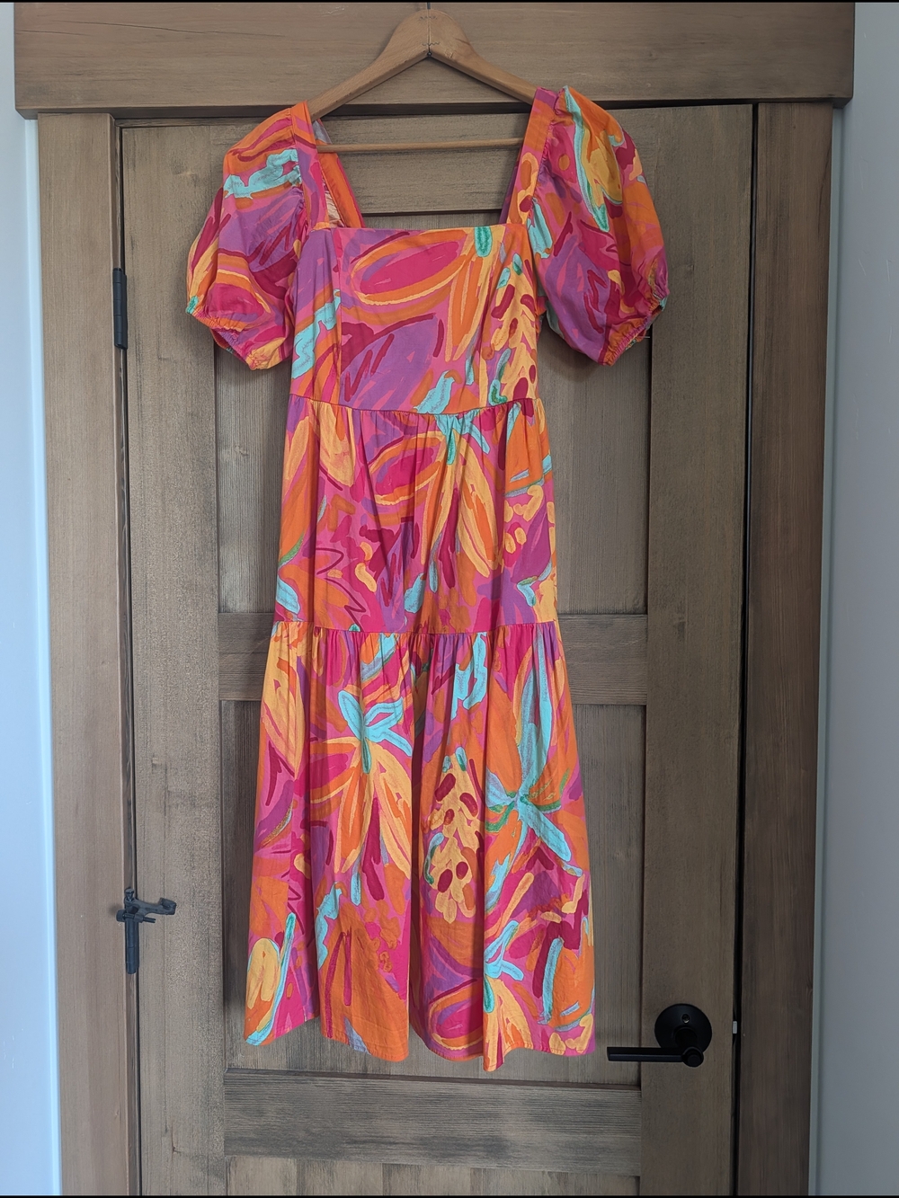 Bold Orange & Pink Floral Puff-Sleeve Midi Dress